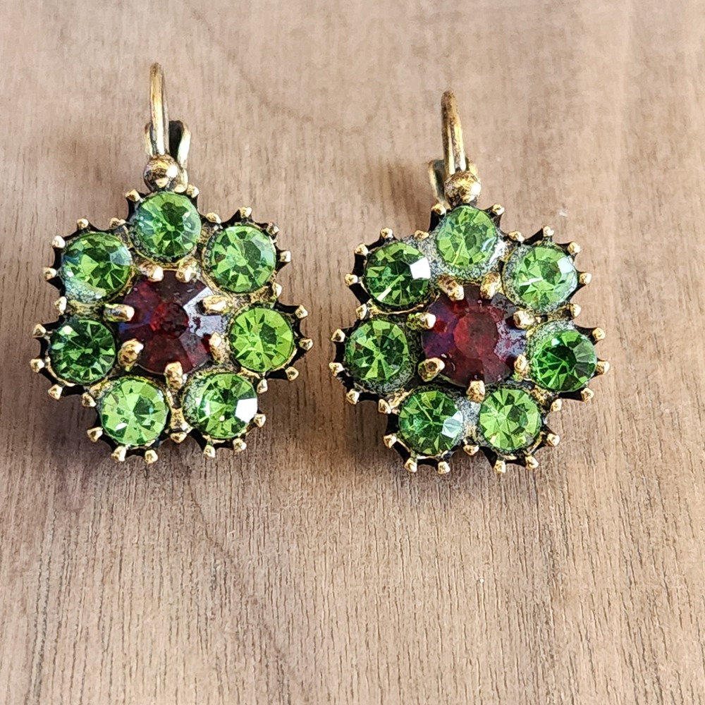 Vintage Style Green Red Rhinestone Flower Lever back Drop Earrings Gold Tone